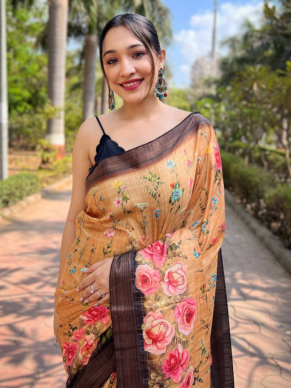 Orange Soft Silk Copper Zari Weaving Digital Floral Saree