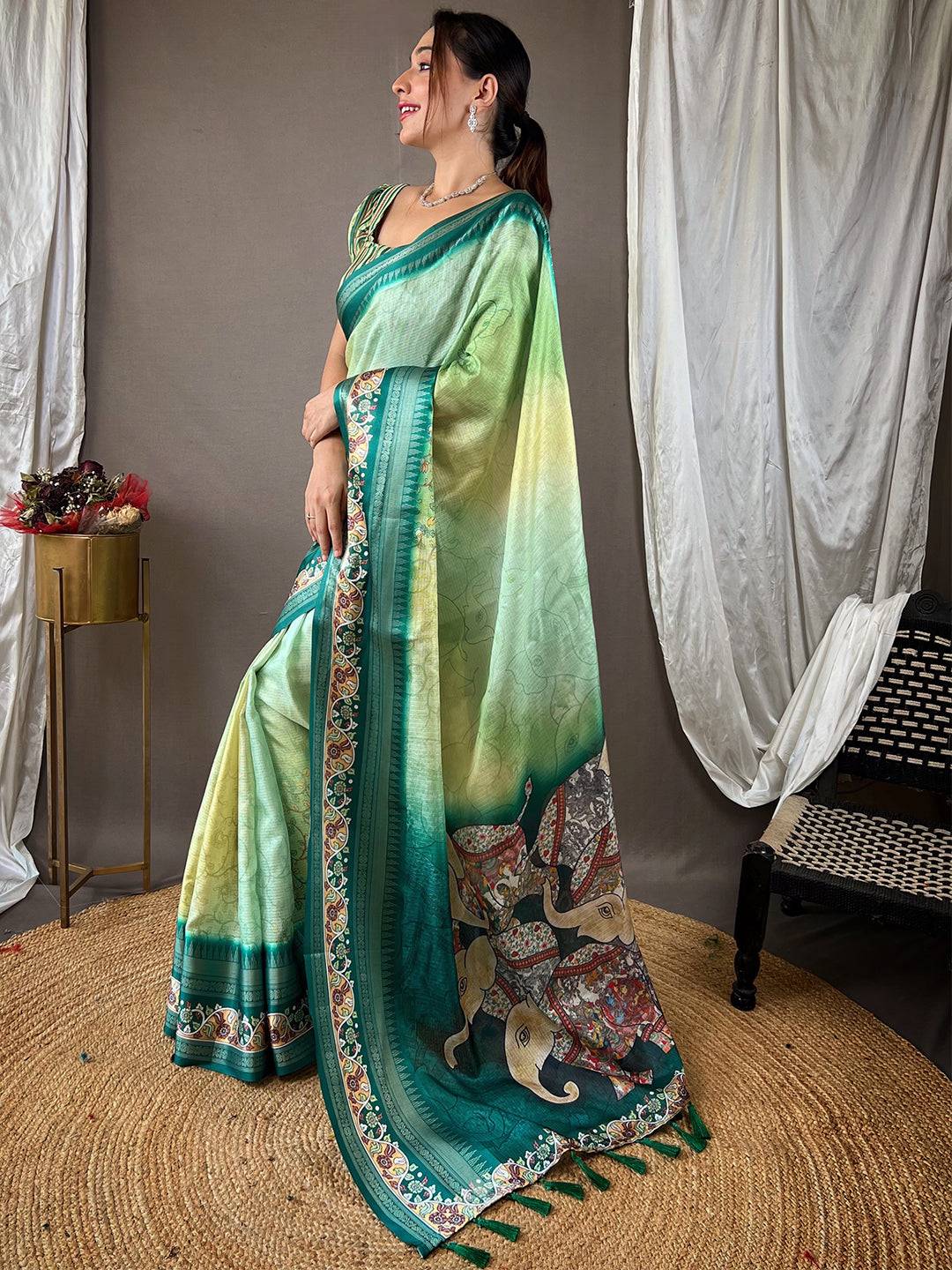 Emerald Green Kota Satin Border Saree