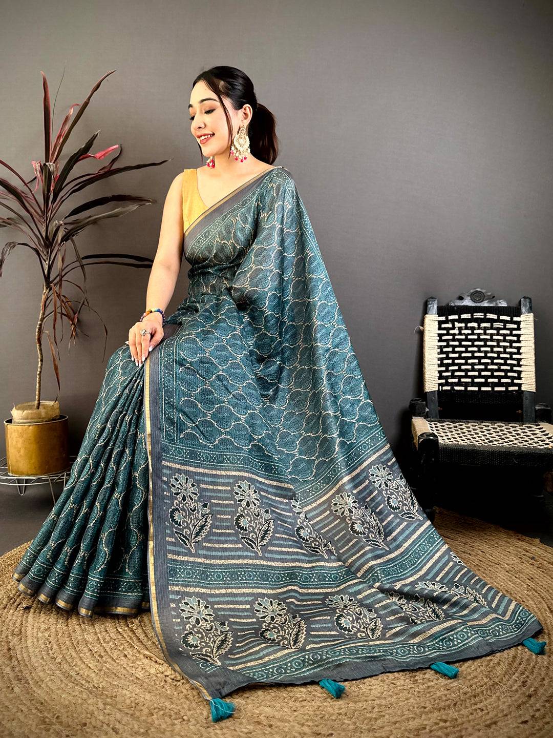 Teal Ajrakh Digital Print Kota Saree