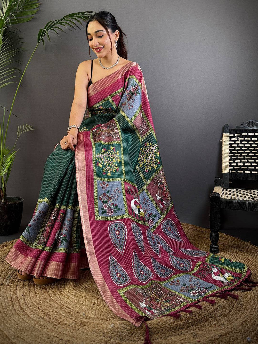Bottle Green Tussar Kalalmkari Print Saree