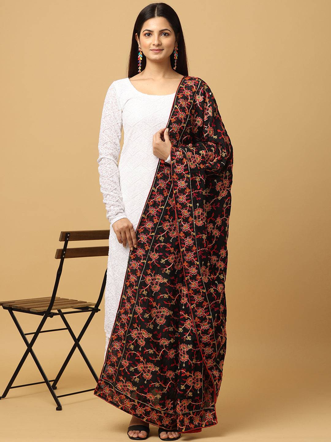 Black Multicolour Floral Jaal Pashmina Dupatta