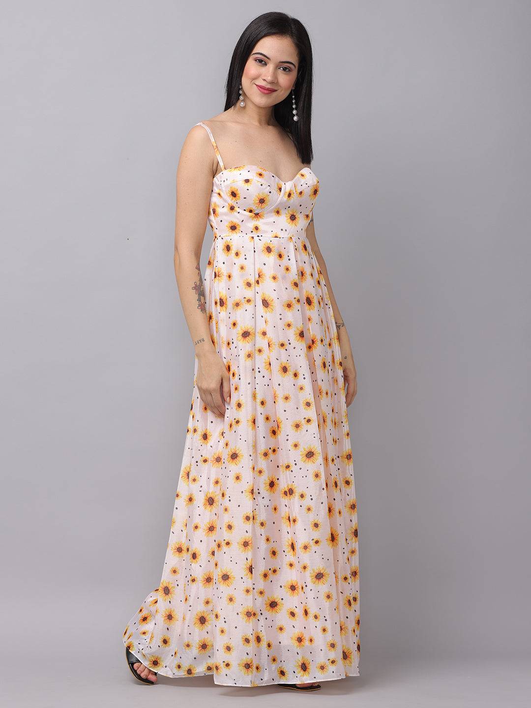 White Sunflower Printed Dress