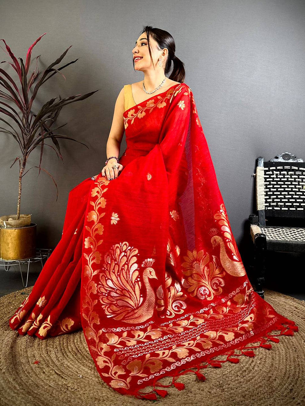 Red Peacock  Zari  Munga  Saree