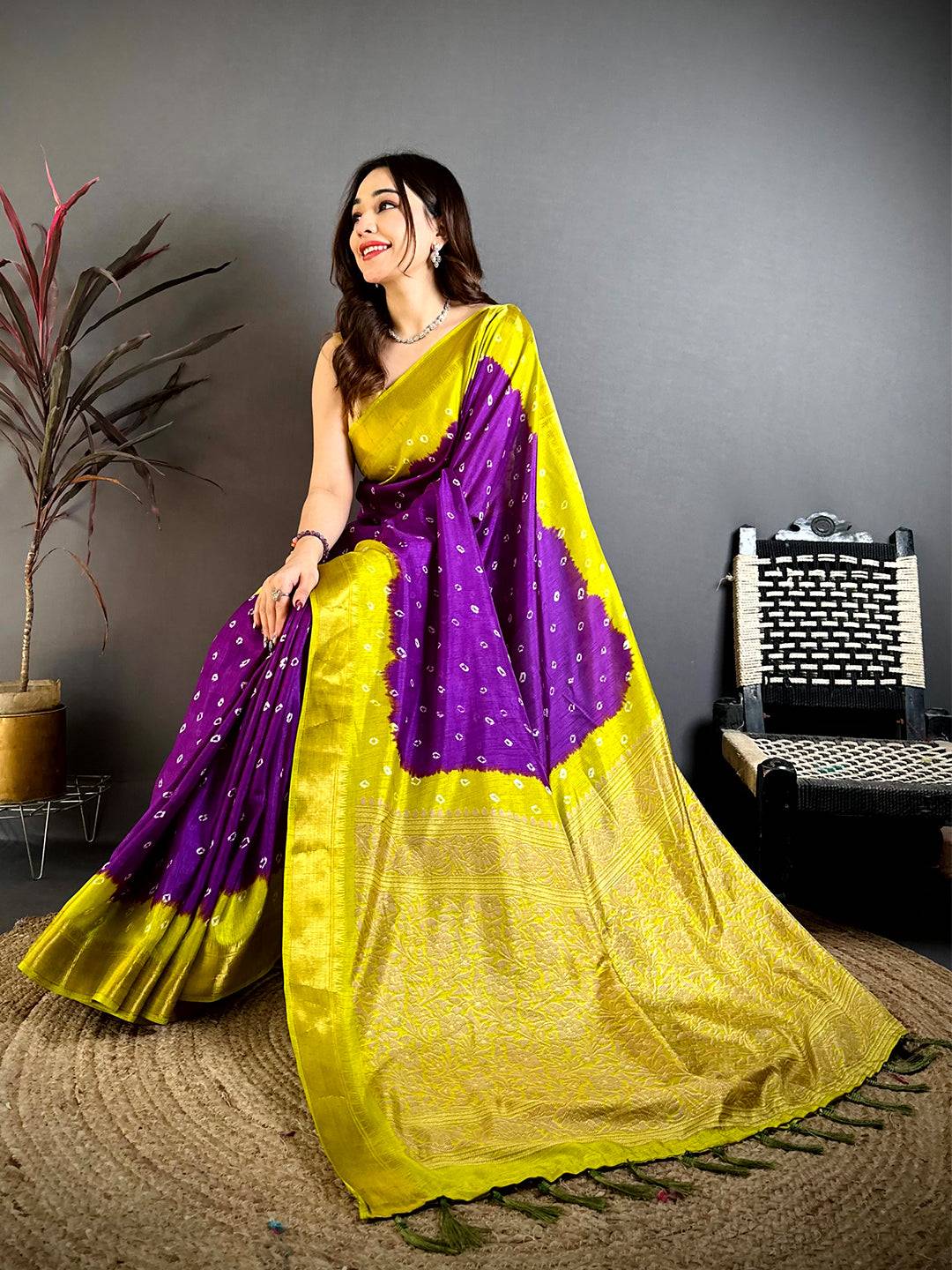 Purple Bandhej Printed Dola Silk Saree