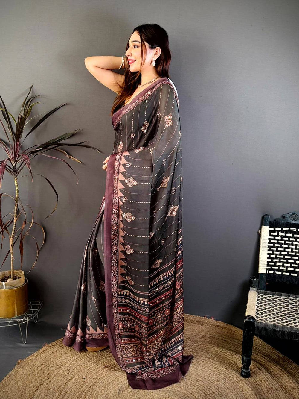 Olive Ajrakh Digital Printed Saree