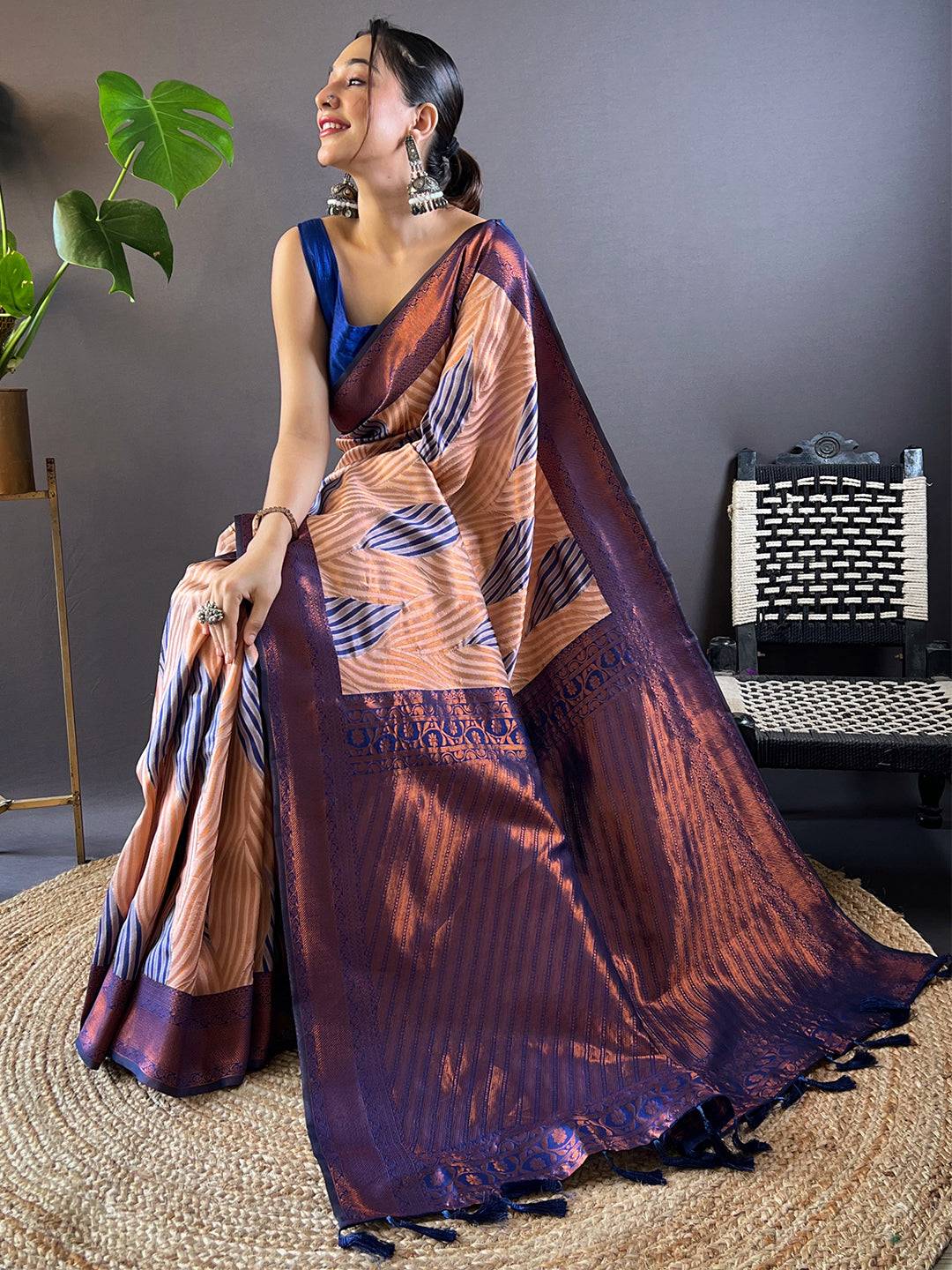 Peach Tussar Silk Zari Weaving Ikkat Saree