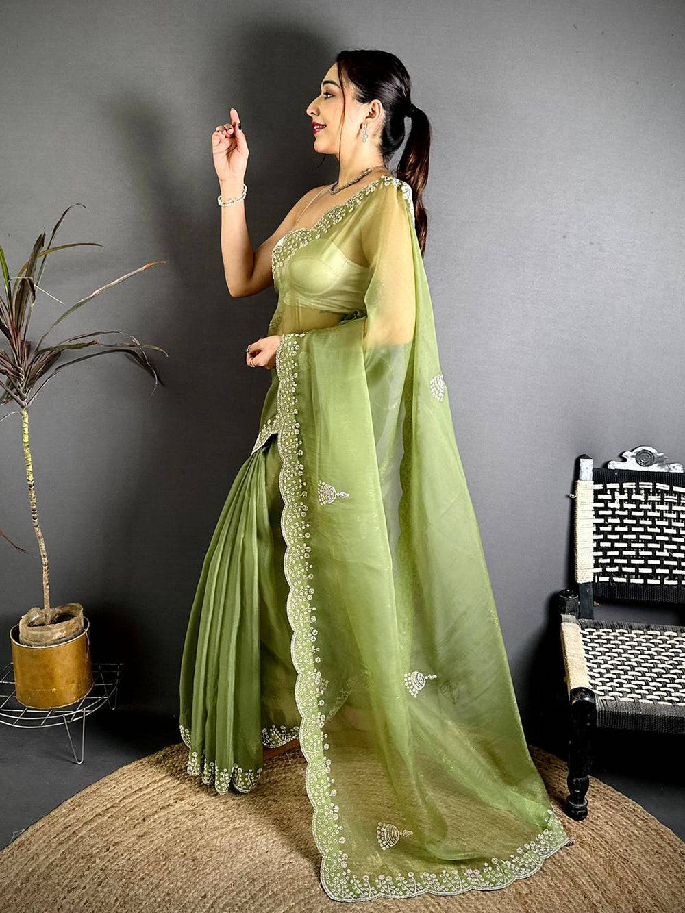 Green Pearl Zarkhond Chiffon Tissue Saree