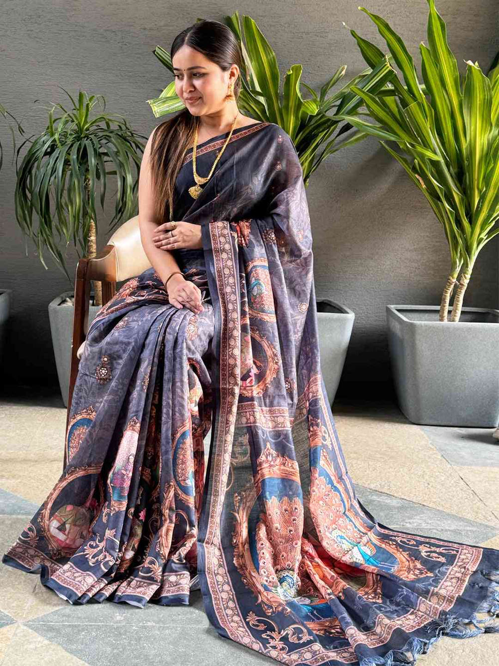 Blue Linen Saree With Digital Print & Majestic Border