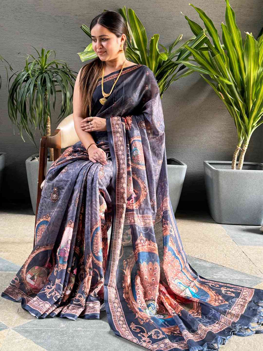 Blue Linen Saree With Digital Print & Majestic Border