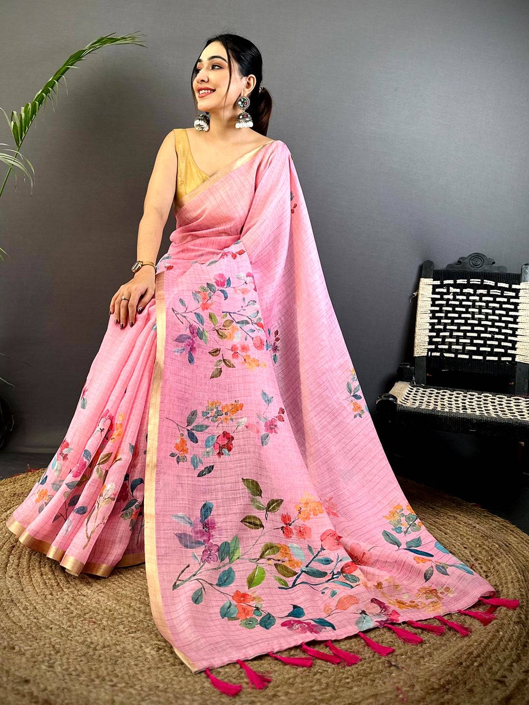 Pink Linen Chex Floral  Saree