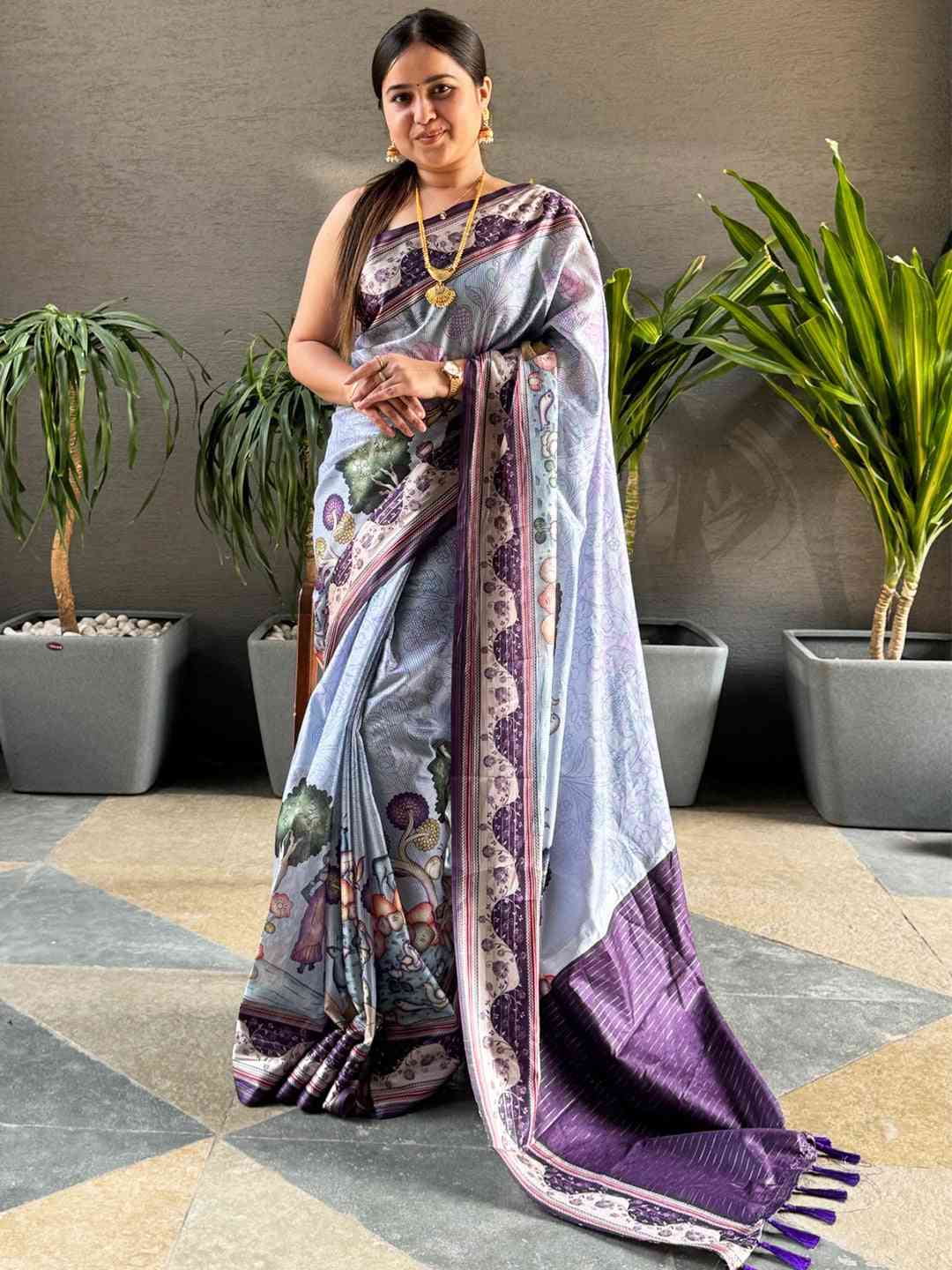 Lavender Colour Satin Kota Doria Digital Kalamkari Zari Pallu
