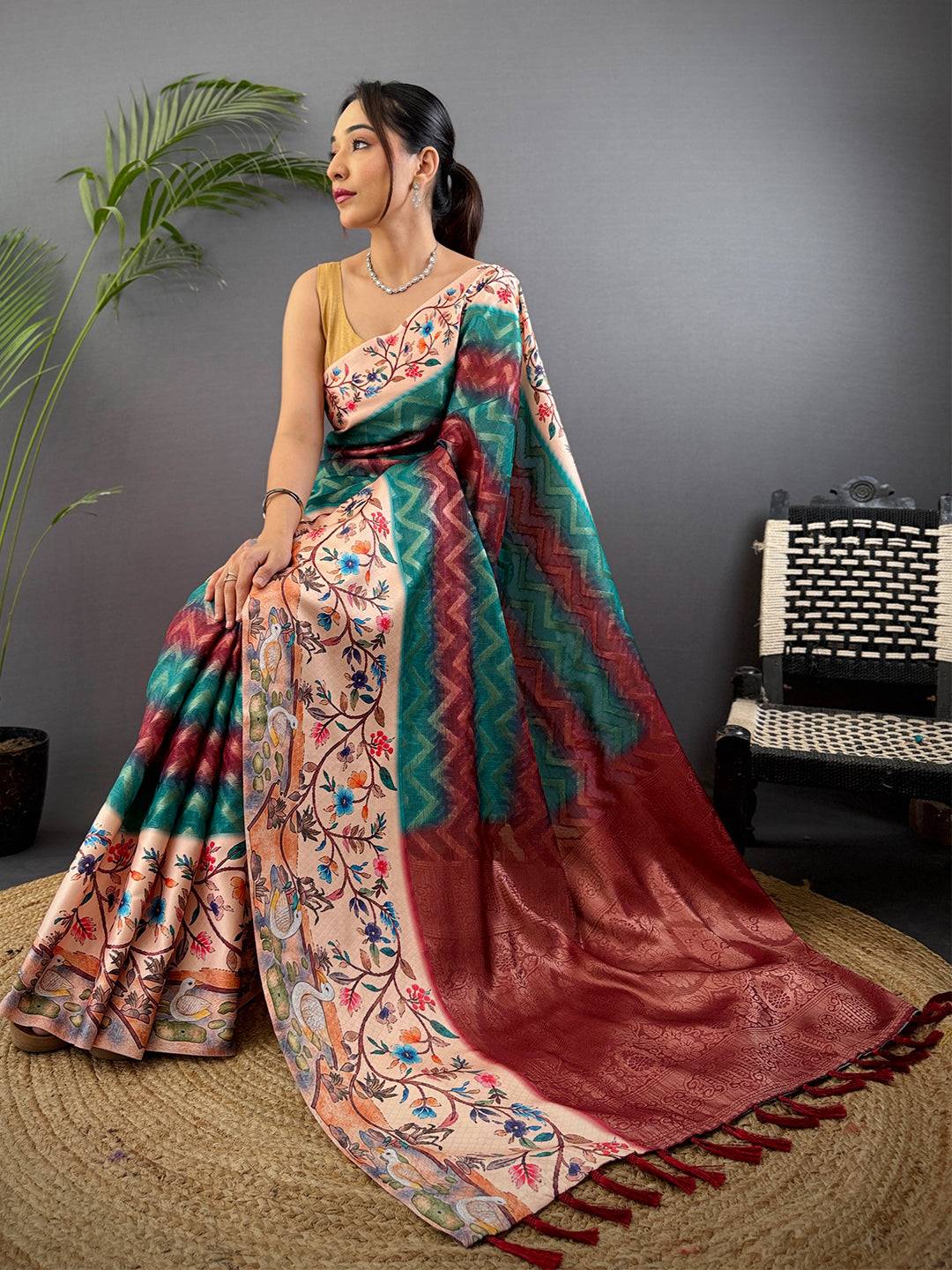 Teal Madhubani Print Soft Silk Saree