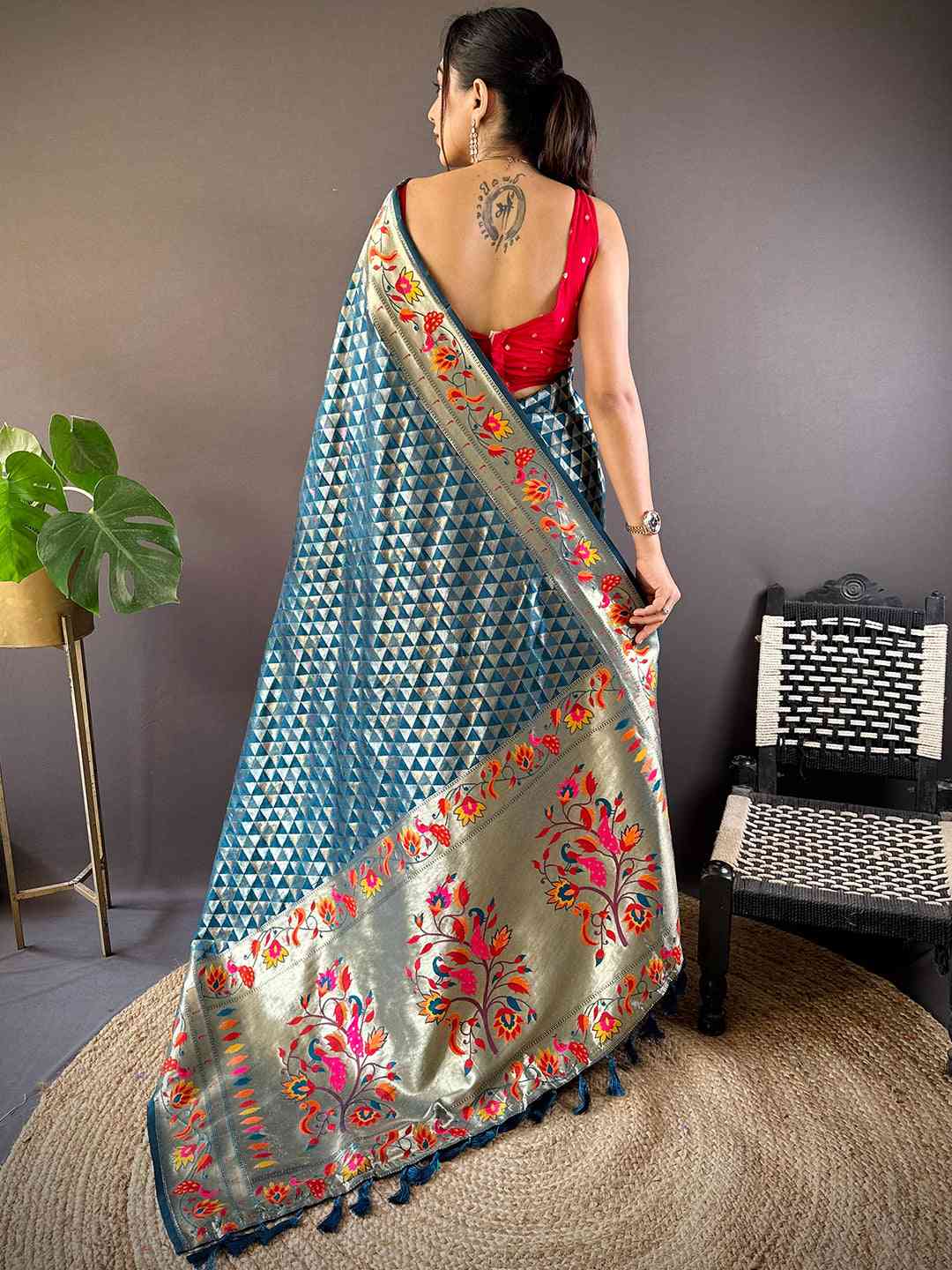 Denim Silk Blend Woven Zari Work Paithani Saree