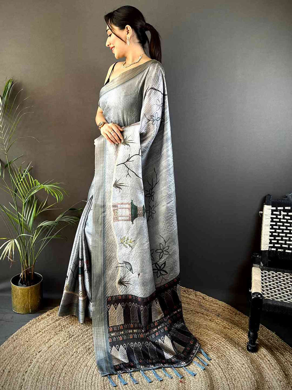 Slate Grey Tussar Chex Japanese Print Saree