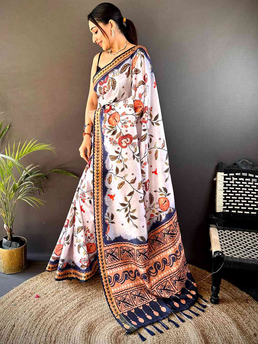 Off White Soft Silk Floral Saree