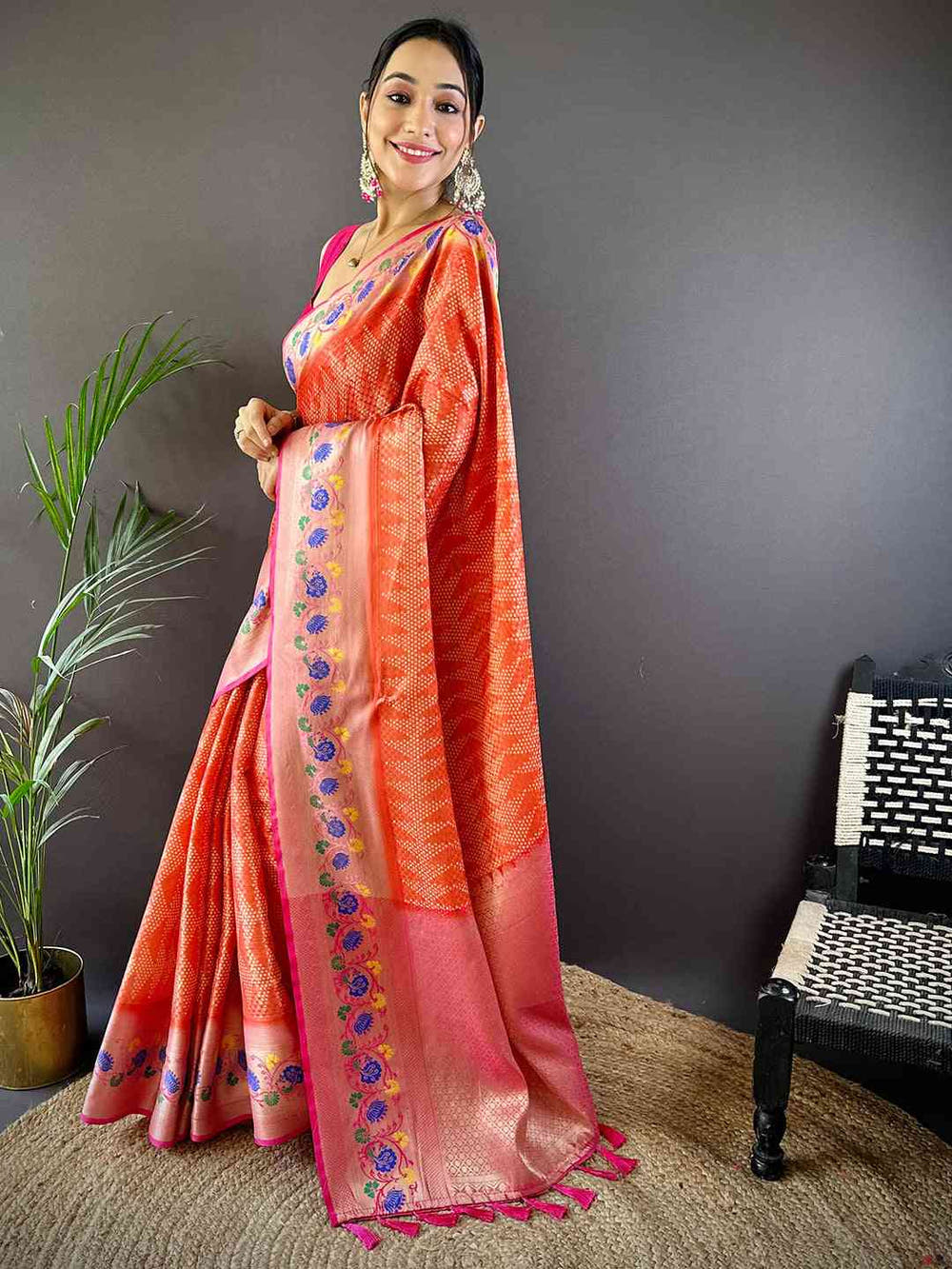 Kora Silk Banarasi Digital Print Saree In Red Colour