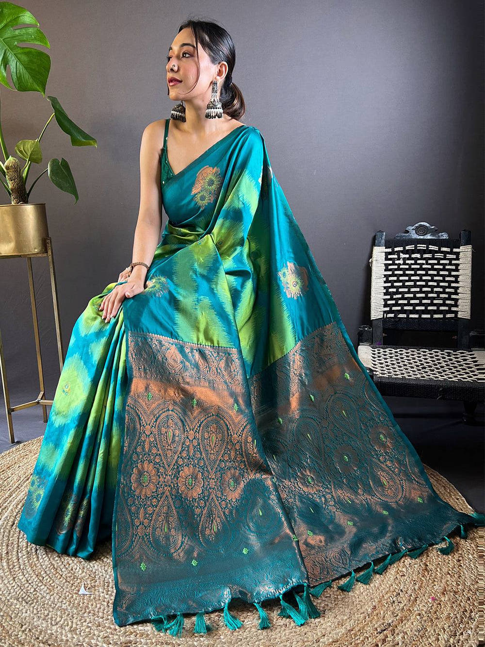 Parrot Green Tussar Silk Ikkat Weaving Saree