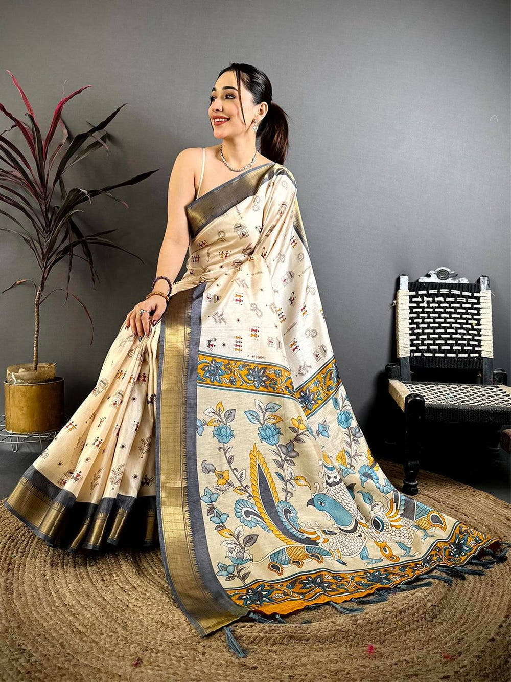 Grey Soft Dola Silk Warli Print Saree