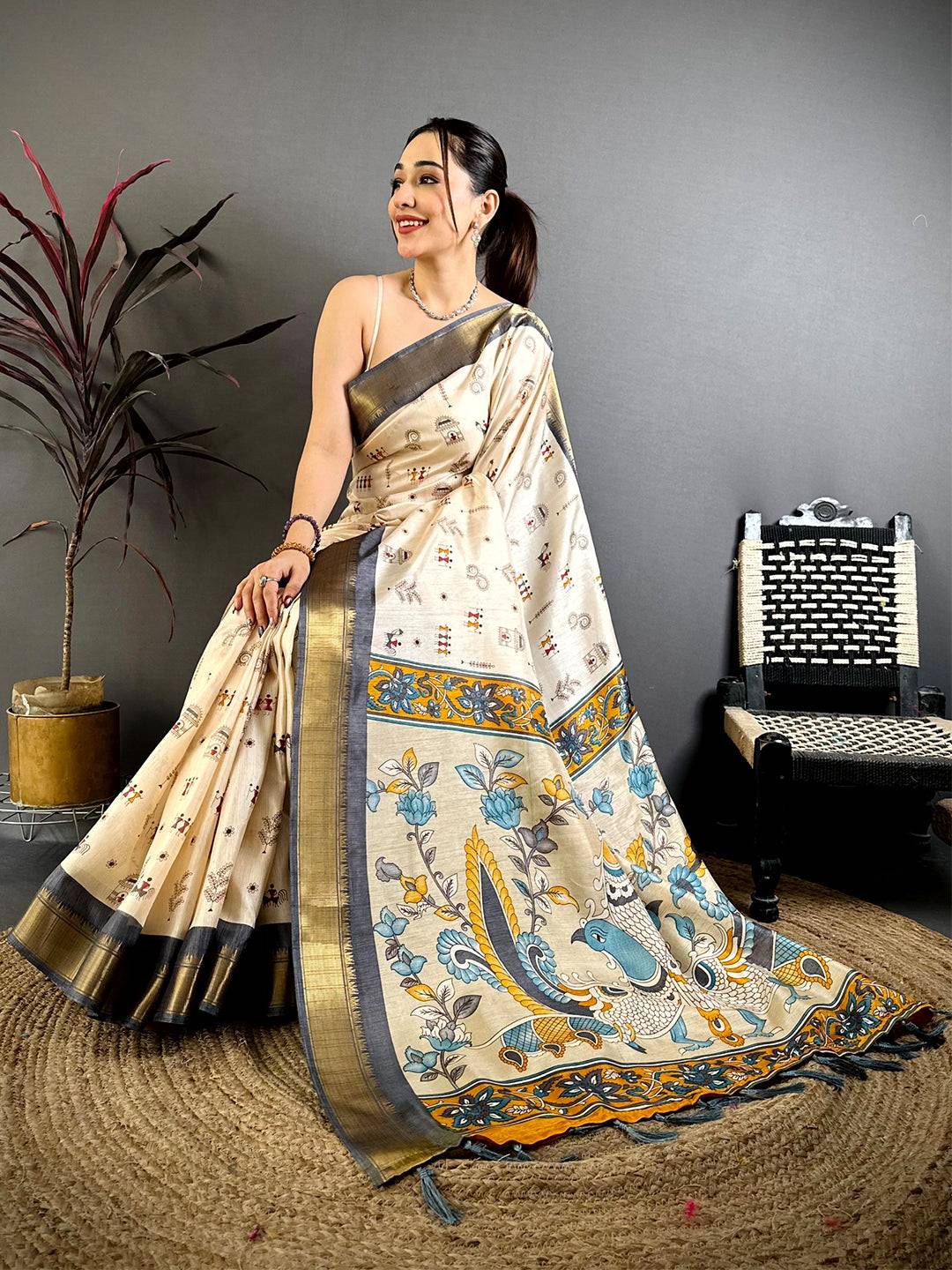 Grey Soft Dola Silk Warli Print Saree