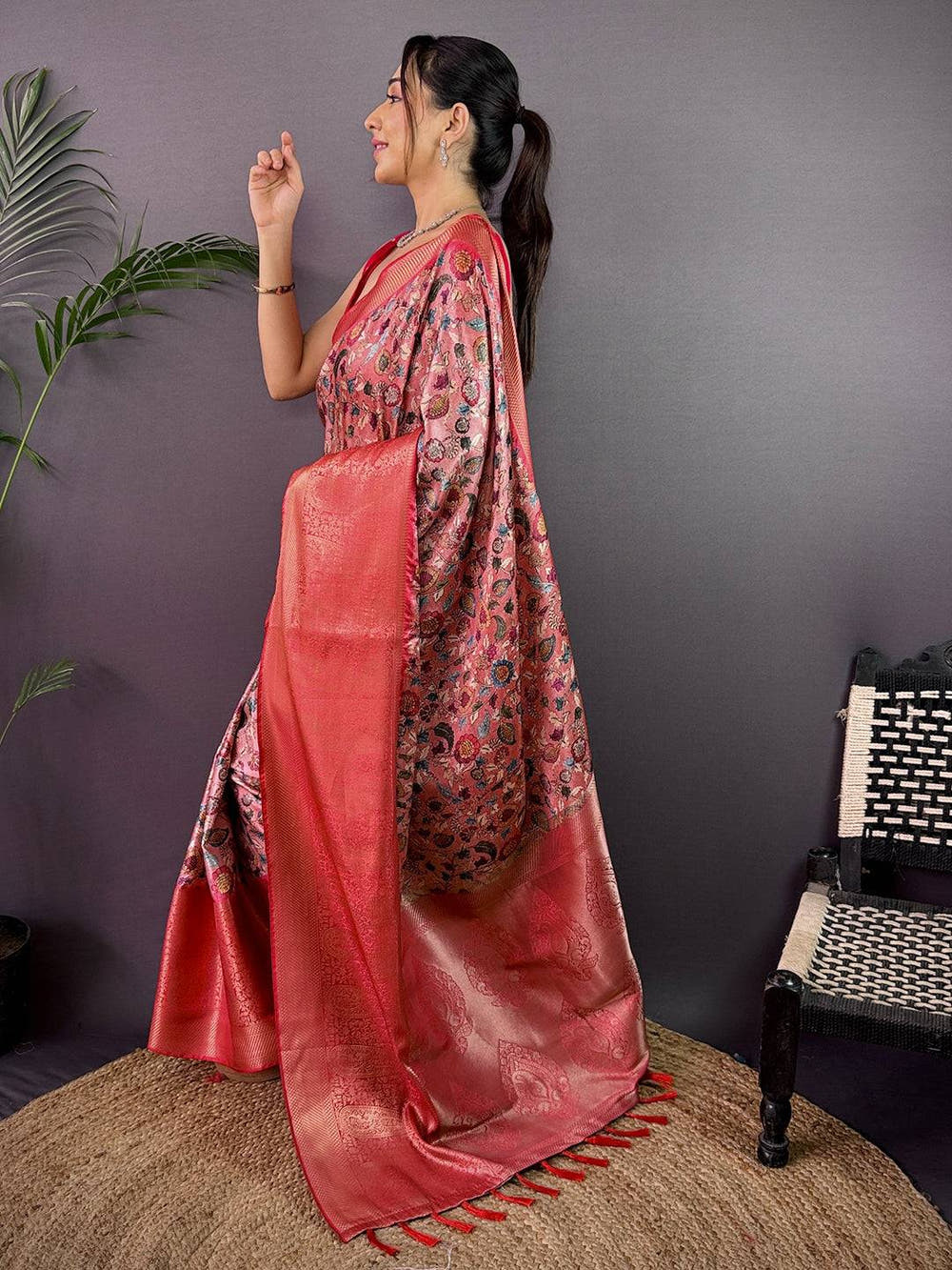 Coral Red Cherry Satin Kalamkari Saree