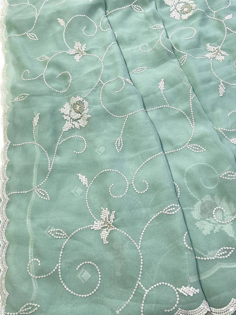 Pista Georgette Sequin Embroidery Saree