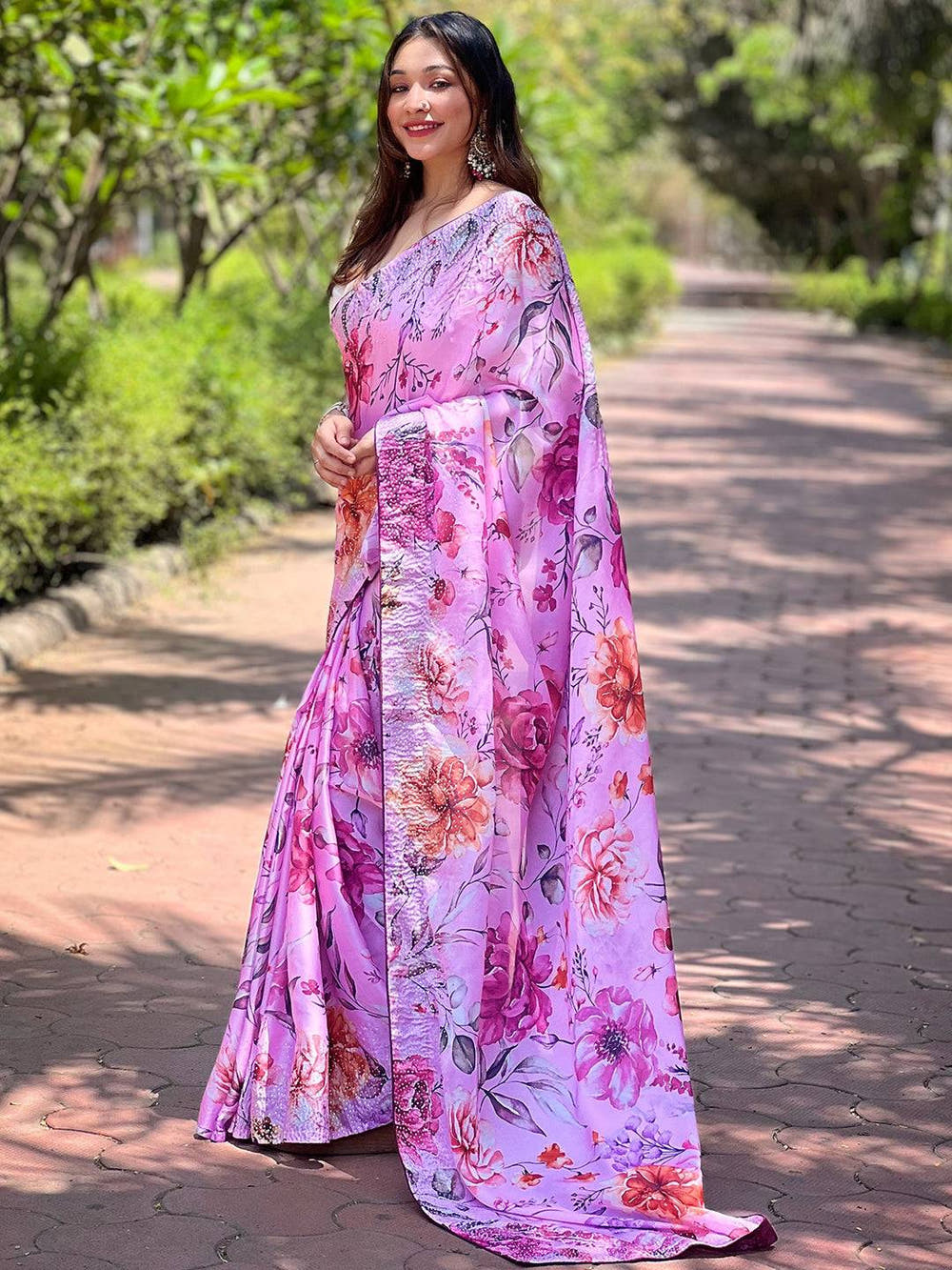 Satin Georgette Pink Floral Digital Print Saree
