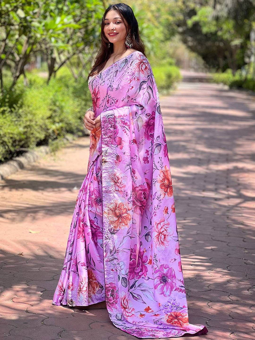 Satin Georgette Pink Floral Digital Print Saree