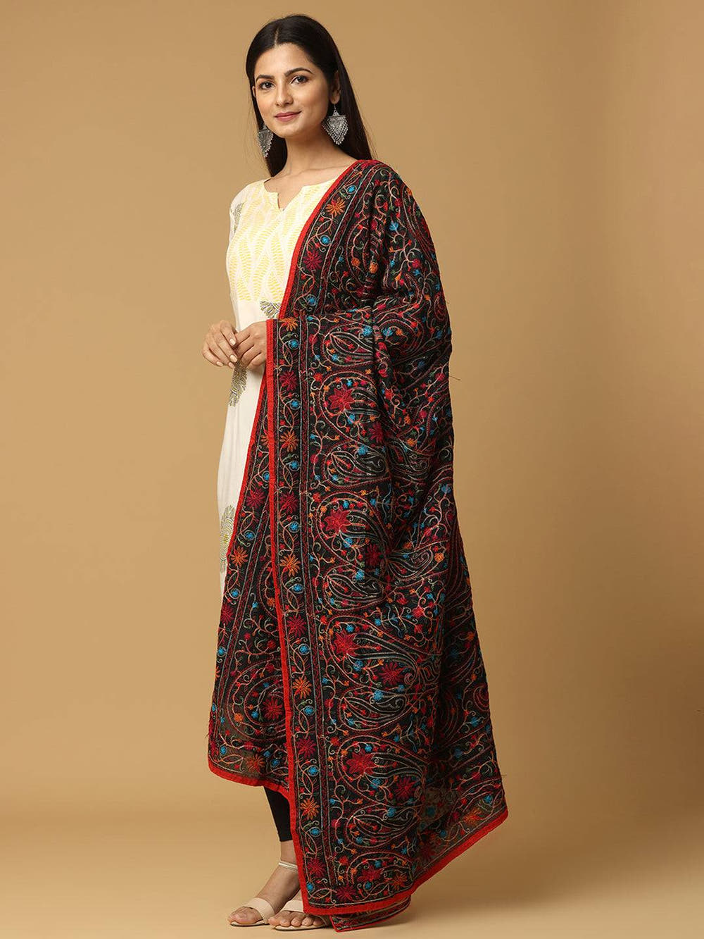 Black Green Red Floral Jaal Pashmina Dupatta