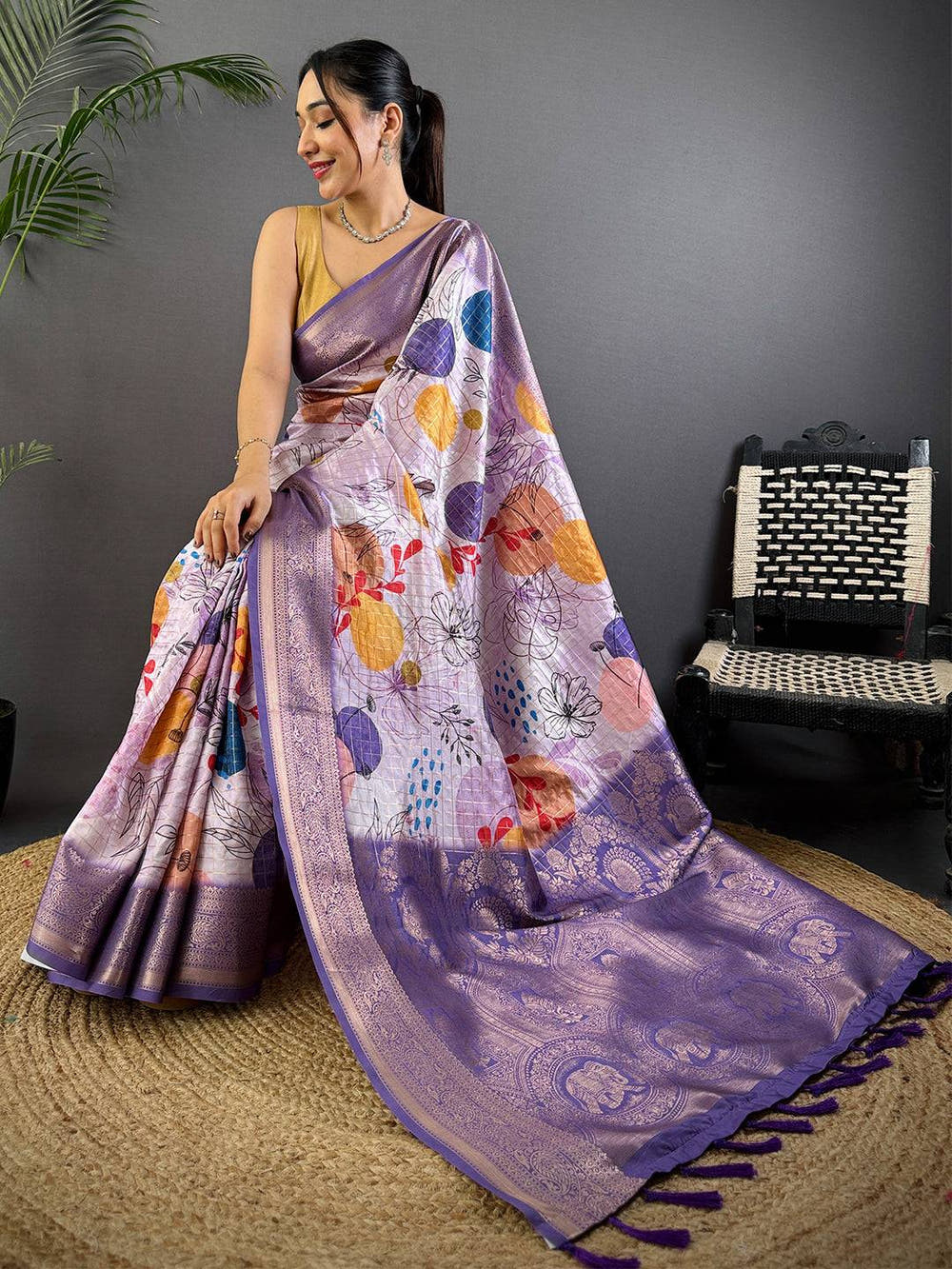 Lavender Freehand Design Gadwal Saree