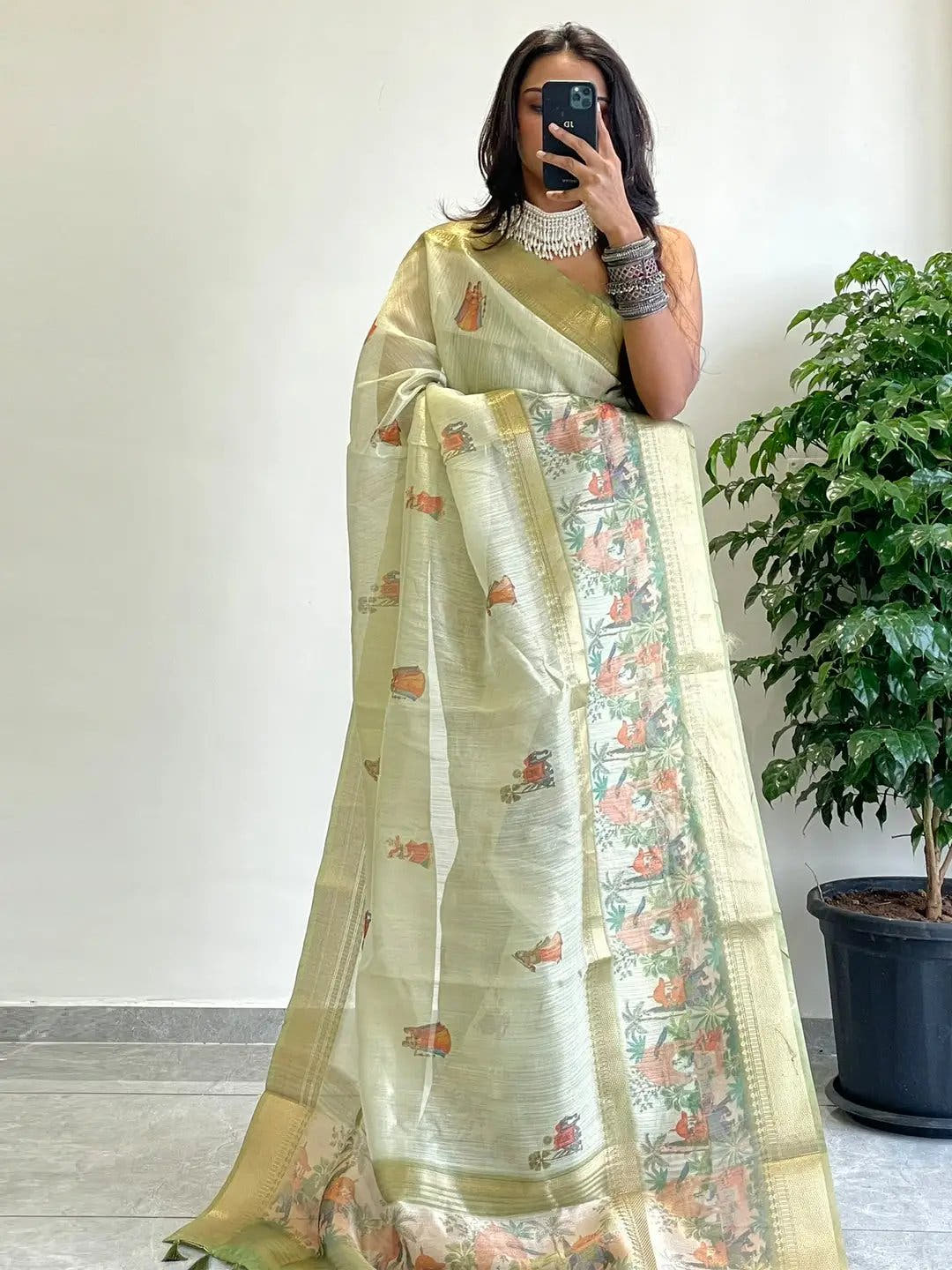 Exclusive Soft Gold Zari Tissue Digital Print Saree