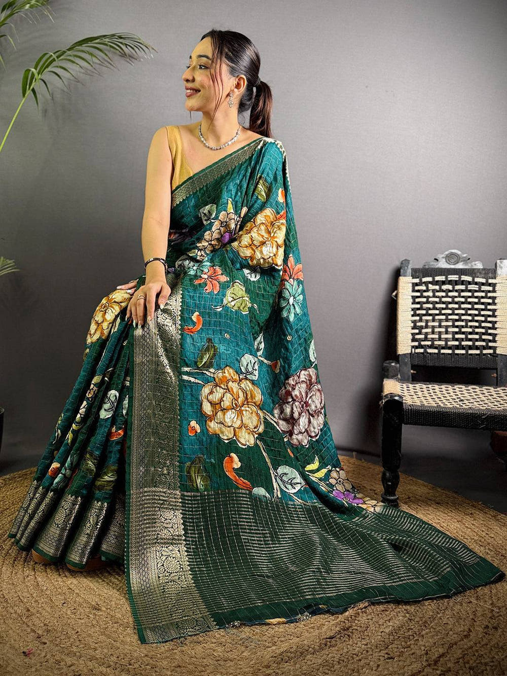 Teal Pure Viscose Kalalmkari Print Saree