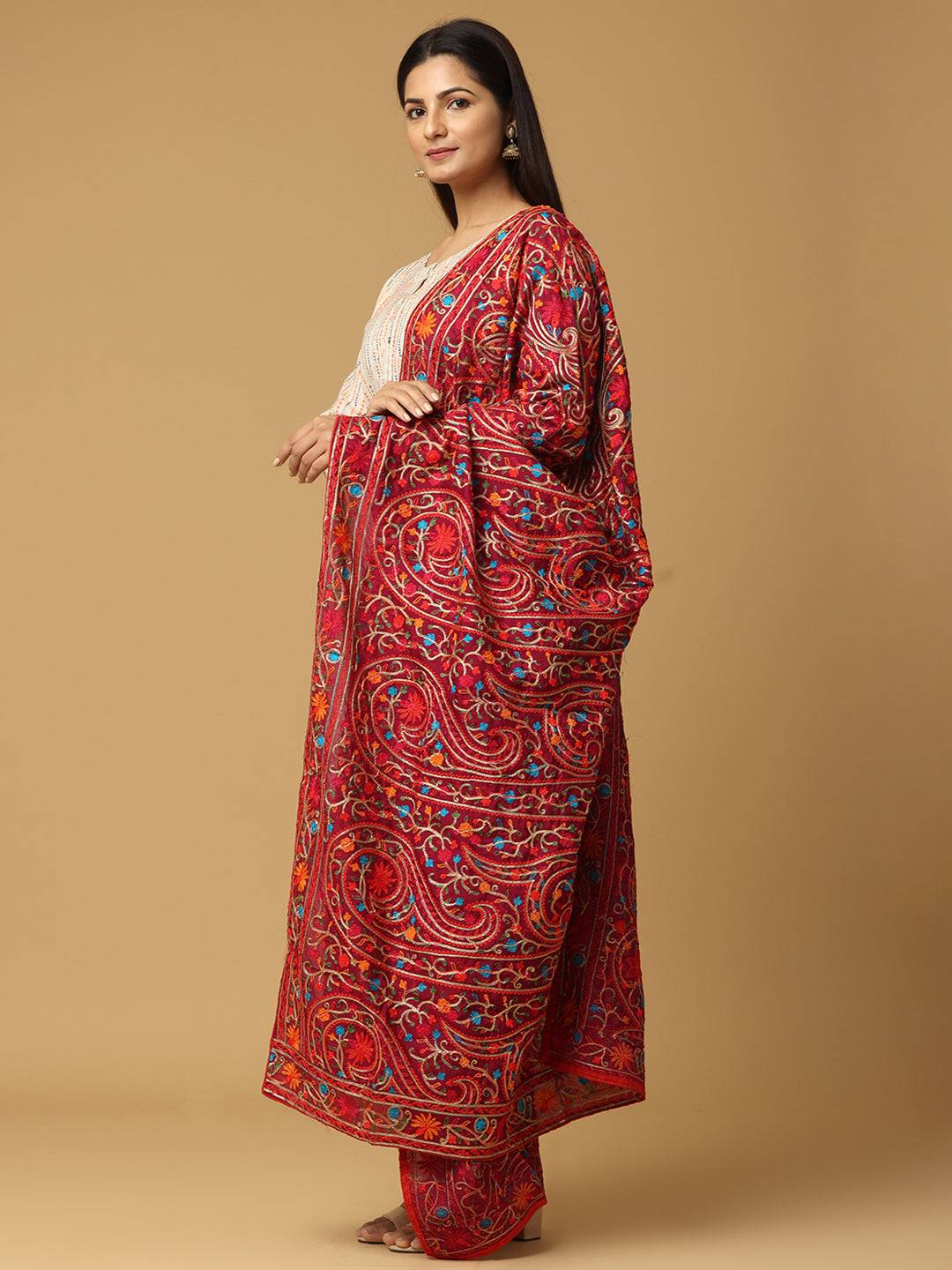 Wine Allover Paisley Border Pashmina Dupatta