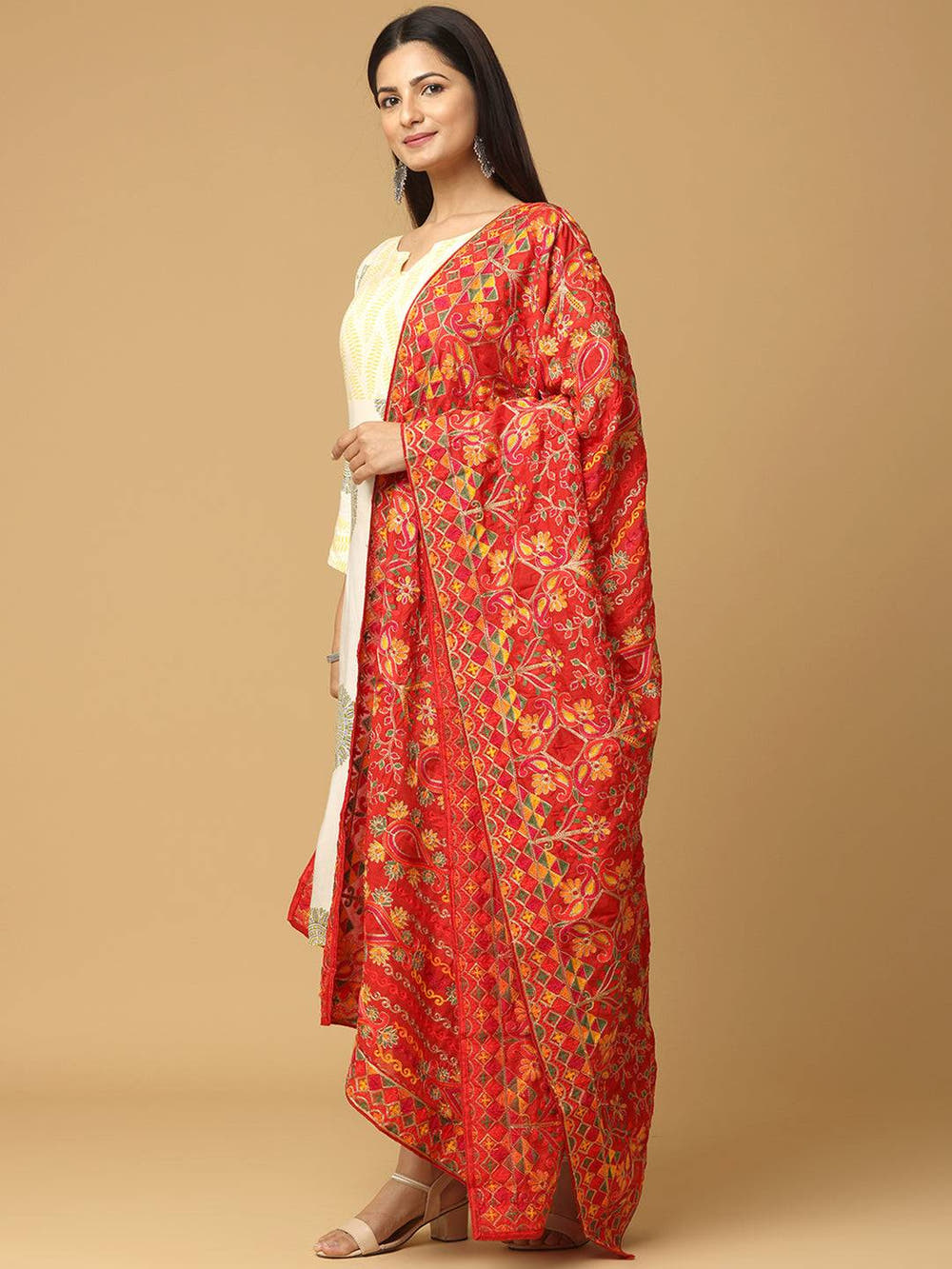 Red Gold Floral Pashmina Dupatta