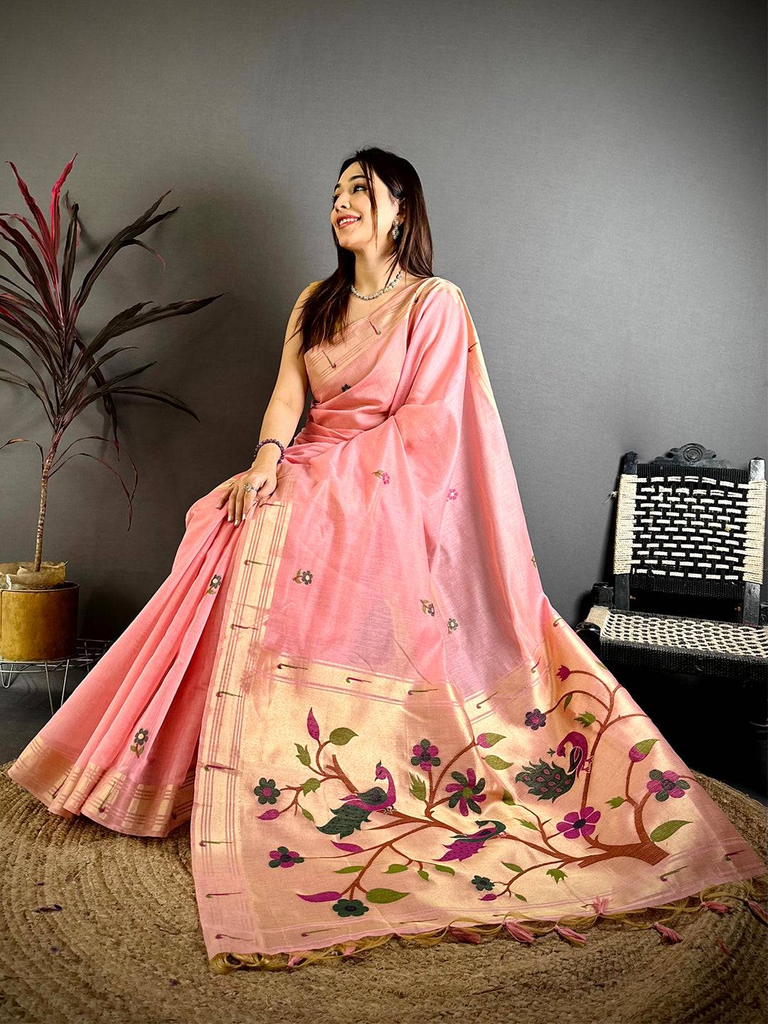 Pink Sunflower Minakari Khadi Saree