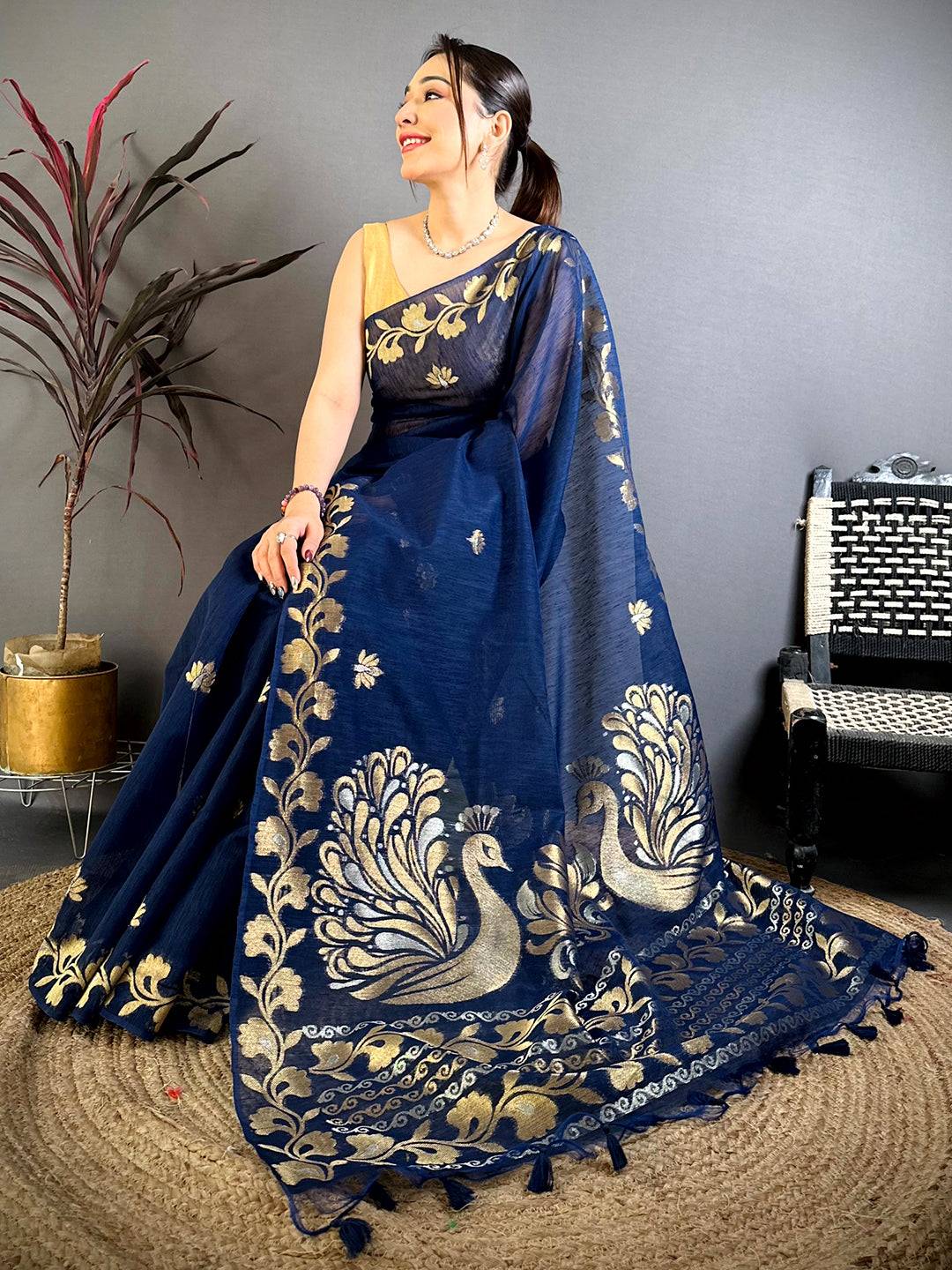 Navy Peacock Zari  Munga  Saree