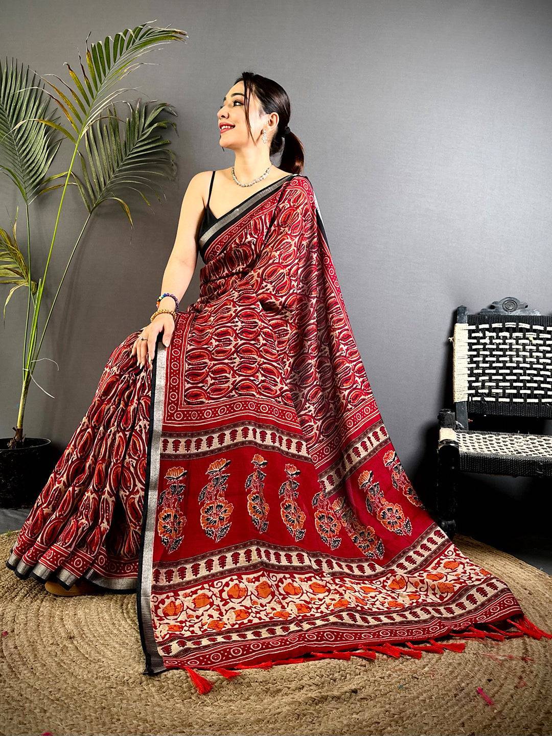 Red Ikkat Ajrakh Print Viscose Saree