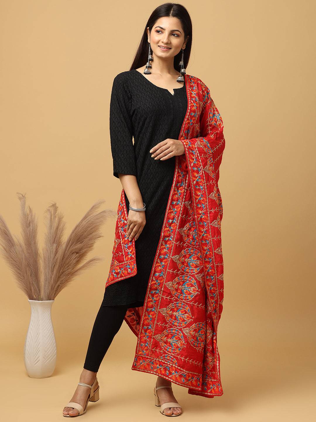 Red Silver Floral Band Pashmina Dupatta