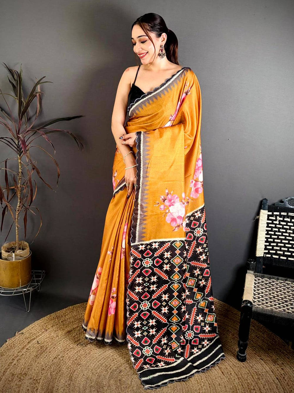 Mustard Tussar Ikkat Patola Saree
