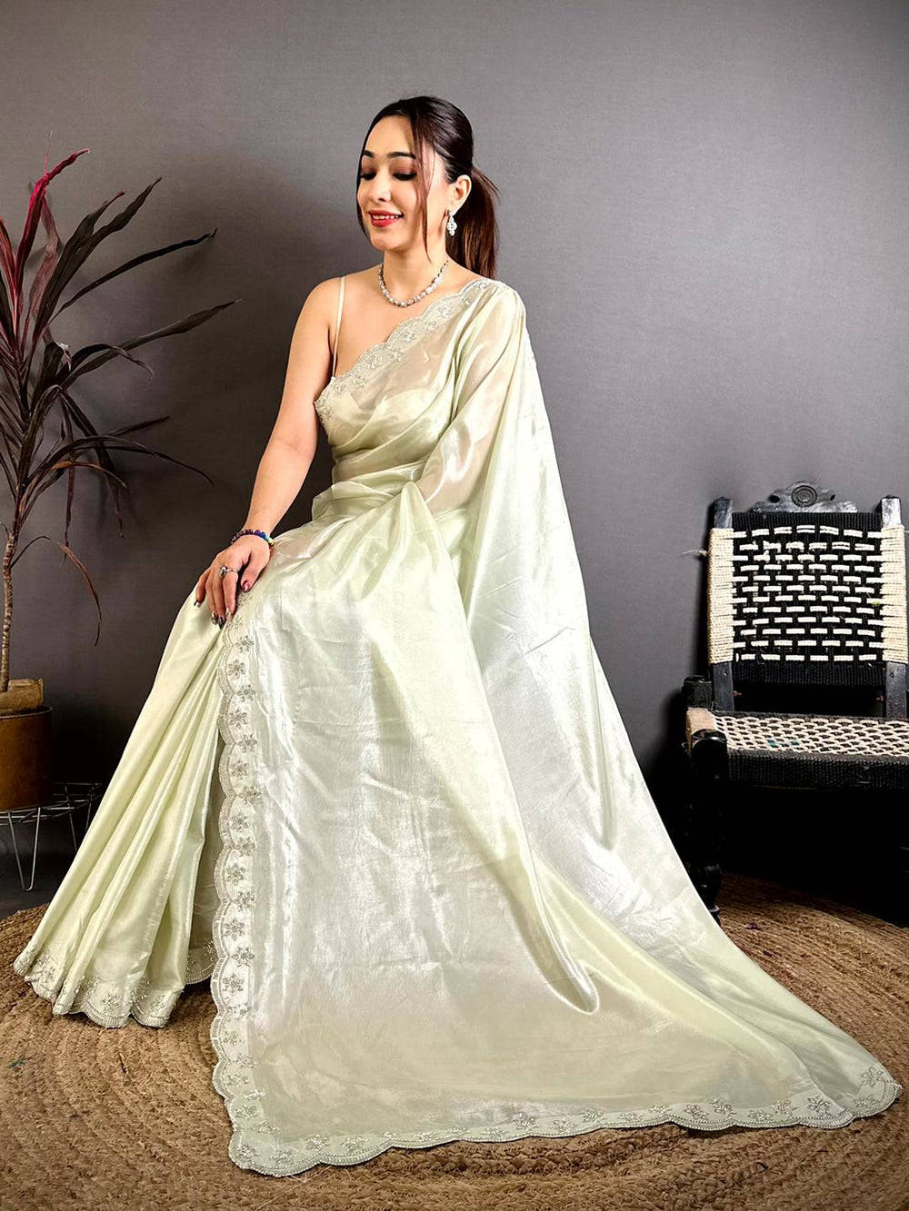 Stylish Silver Glass Stone Work Silk Saree