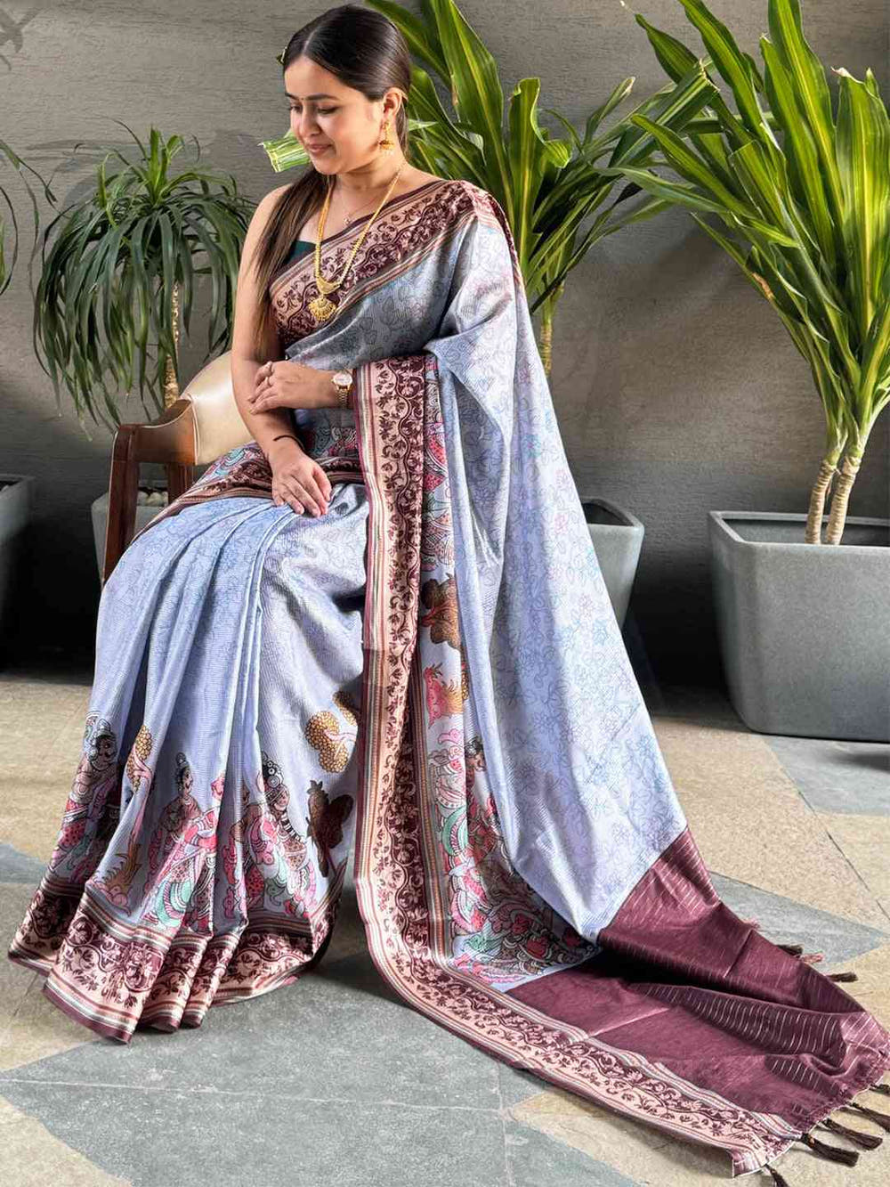 Silver Colour Satin Kota Doria Digital Kalamkari Zari Pallu
