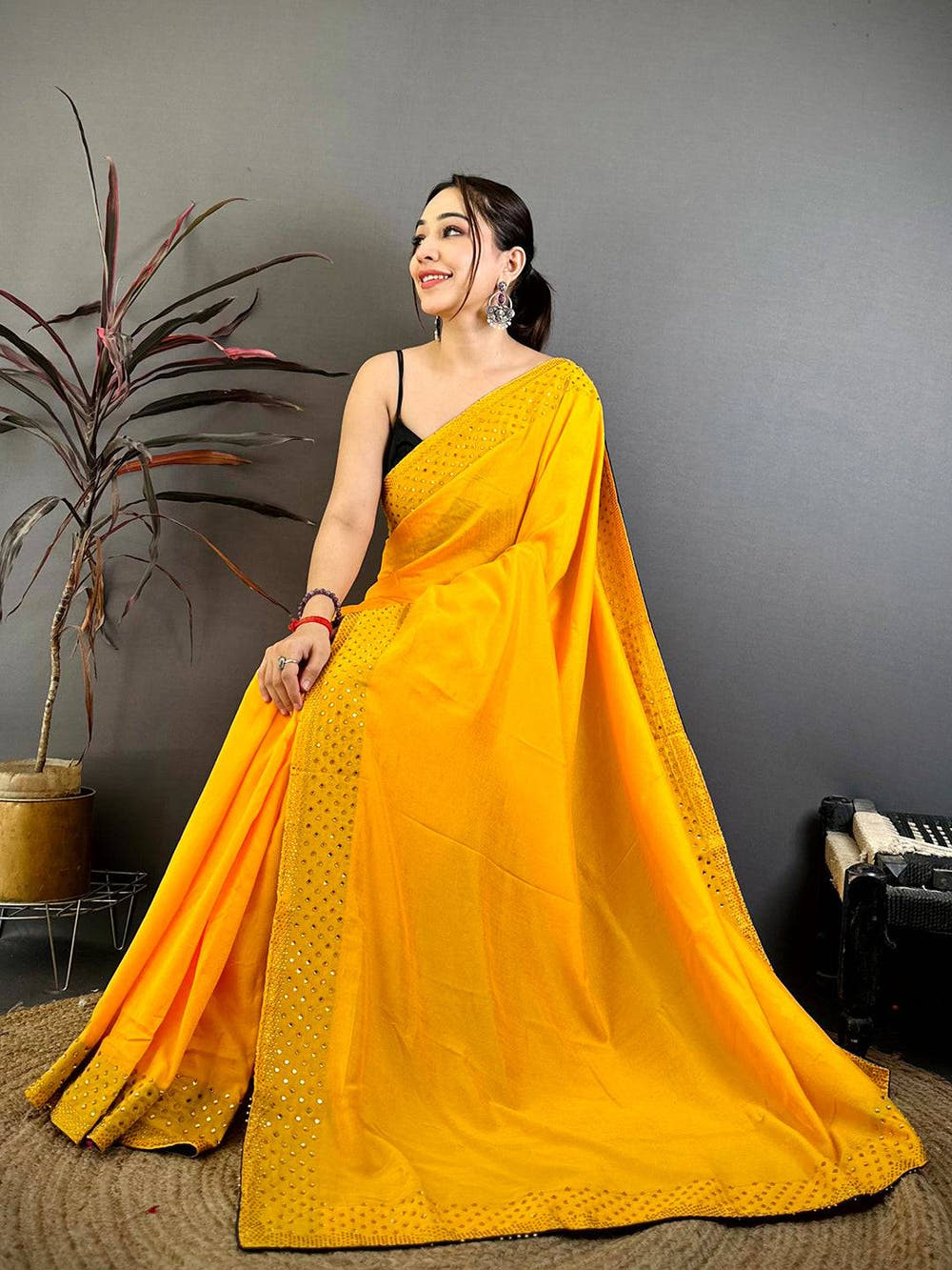 Yellow Vichitra Silk Mirror Work Saree