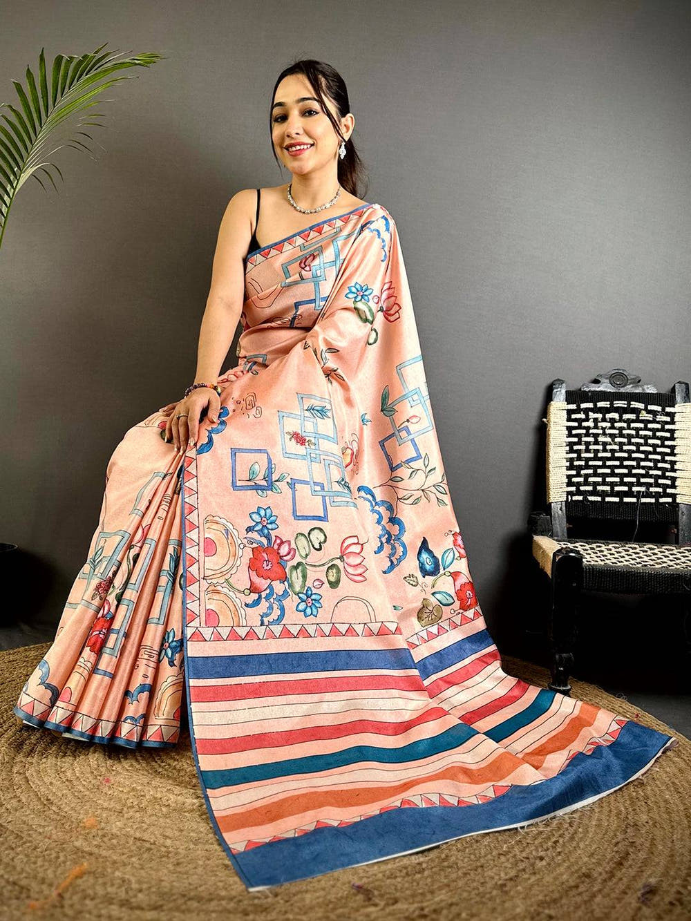 Peach Semi Tussar Striped Pallu Saree