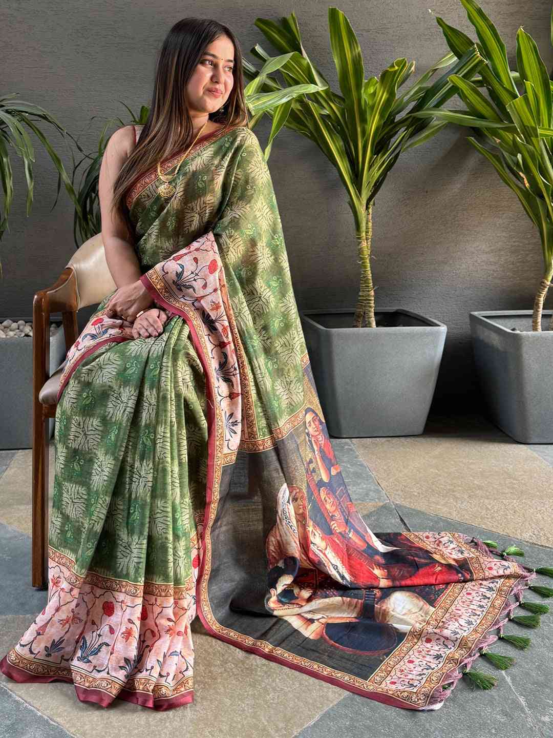 Green Colour Block Print Saree With kalamkari Print Pallu