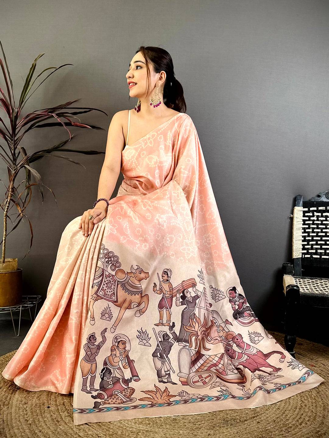 Peach Kalamkari Bandhej Tussar Saree