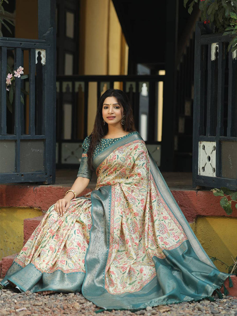 Cream Colour Phulkari Design Zari Weaving Pallu Saree - Luxe