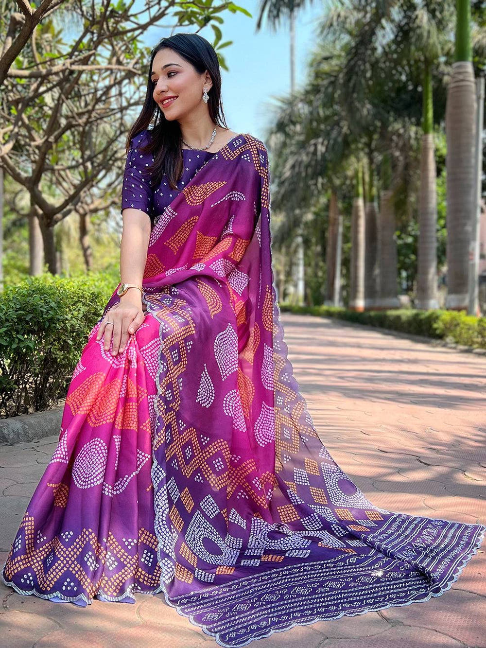 Magenta Ombre Bandhej Georgette Silk Saree