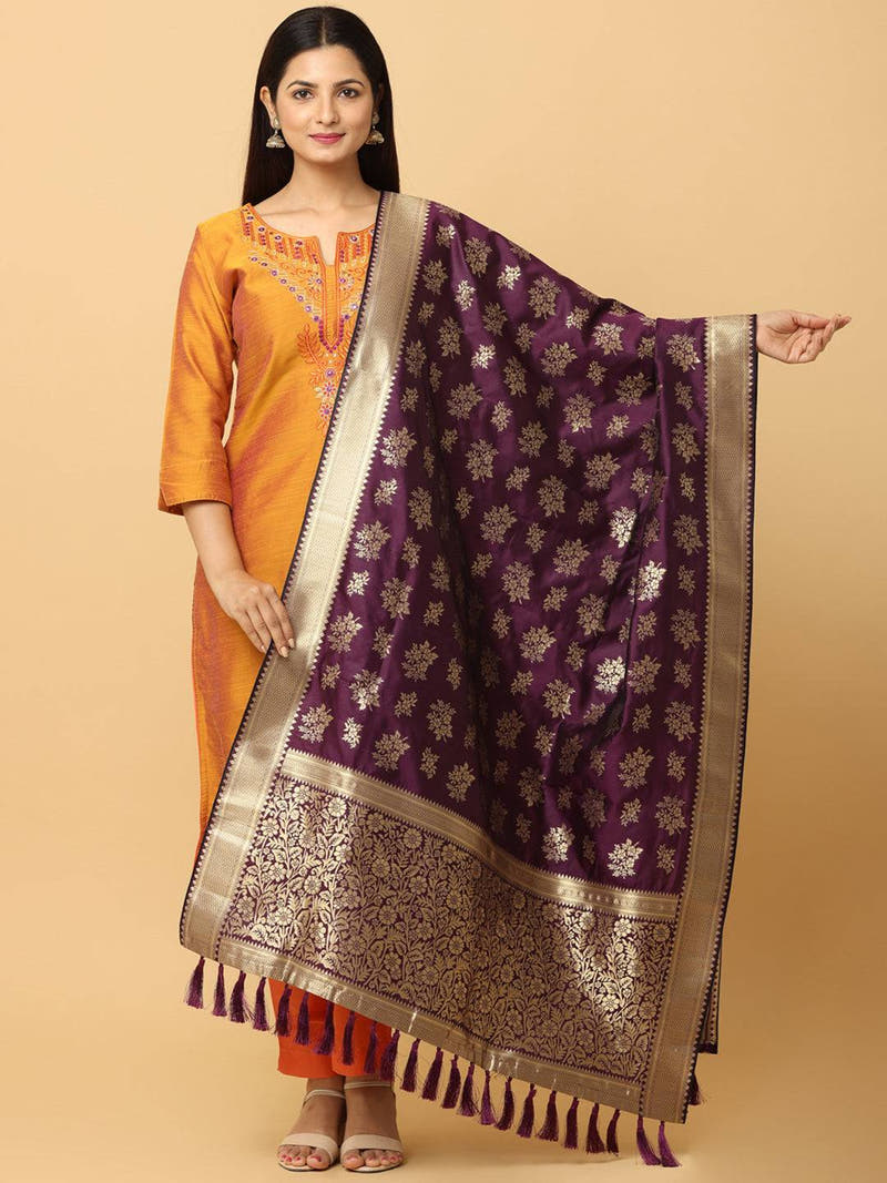 Woven Design Wine Silk Blend Dupatta With Resham Tassels