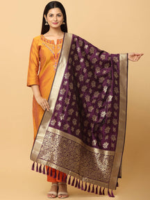 Woven Design Wine Silk Blend Dupatta With Resham Tassels