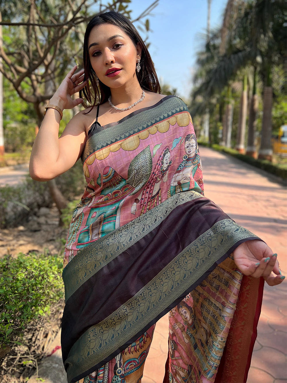 Pink Colour Double Border Chex Weaving Banarasi Soft Silk Saree