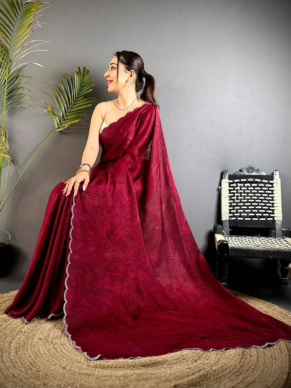 Red Stone Work Silk Crush Saree